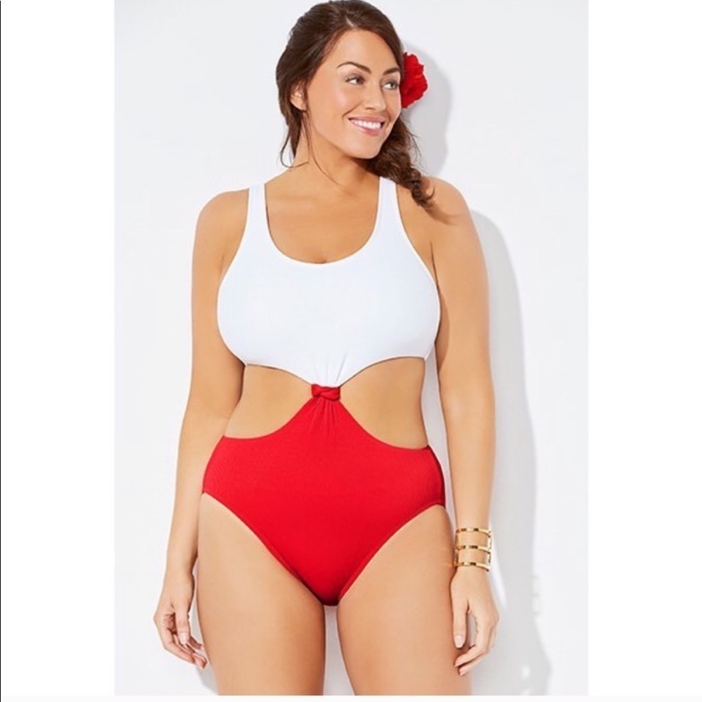 Gabifresh x Swimsuits For All Ribbed Monokini White Red 10D/DD NWT